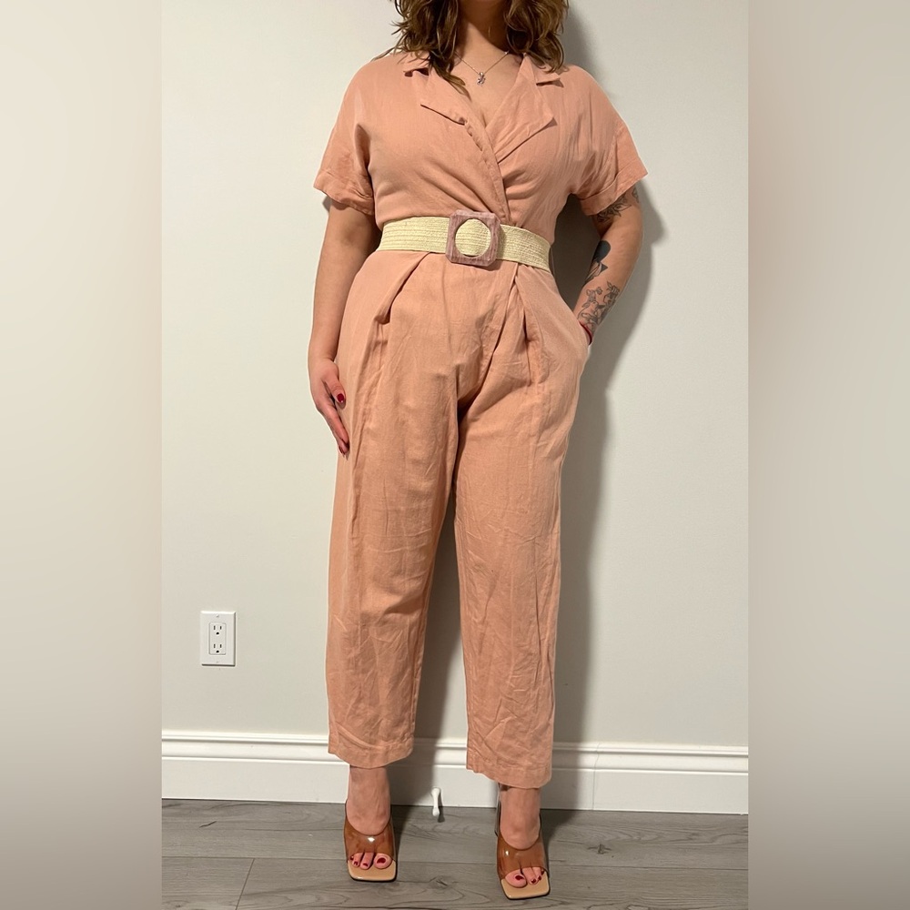 Zara Linen Women's Peach Jumpsuit with Belt Size M